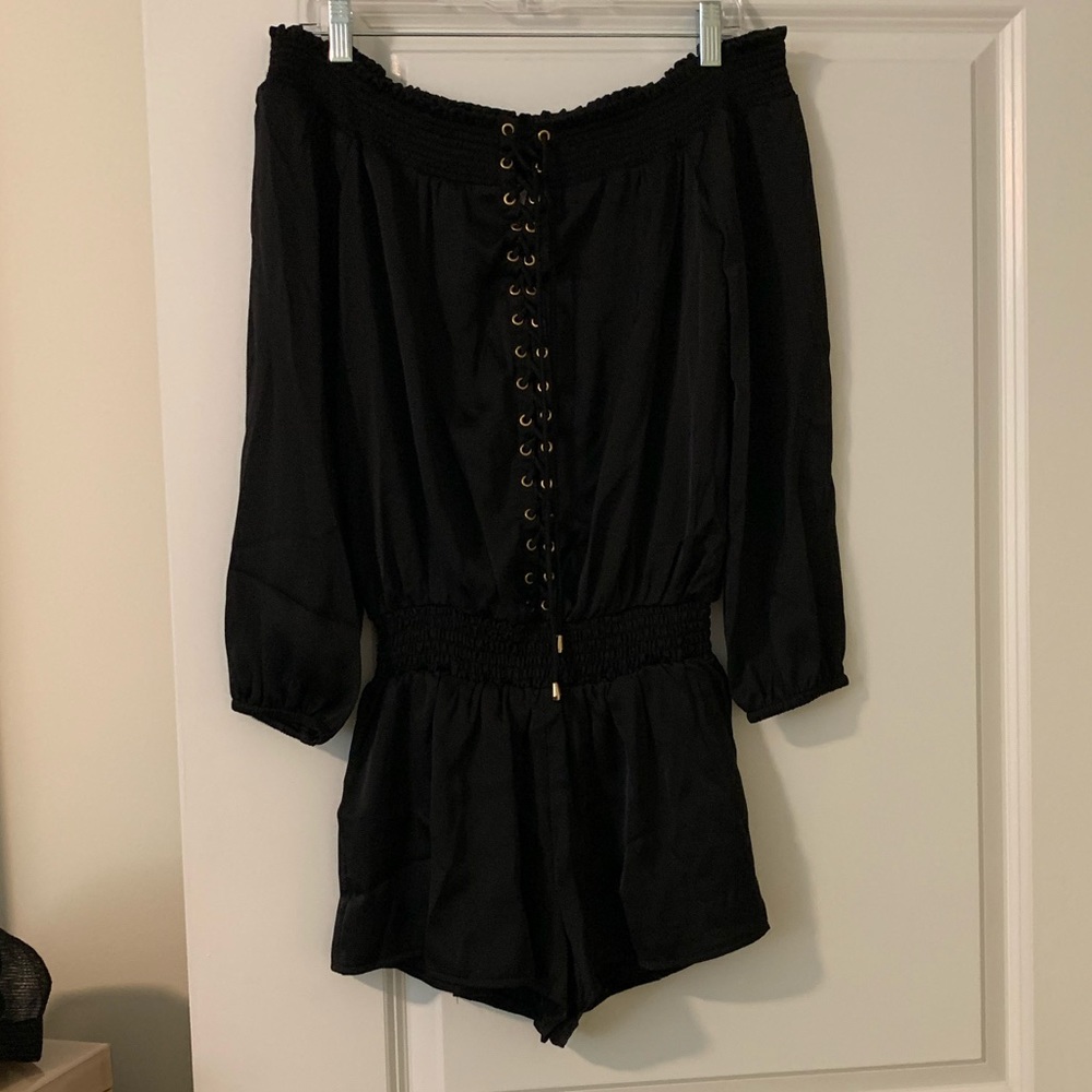 Silk off the shoulder long sleeve romper. Size 6
